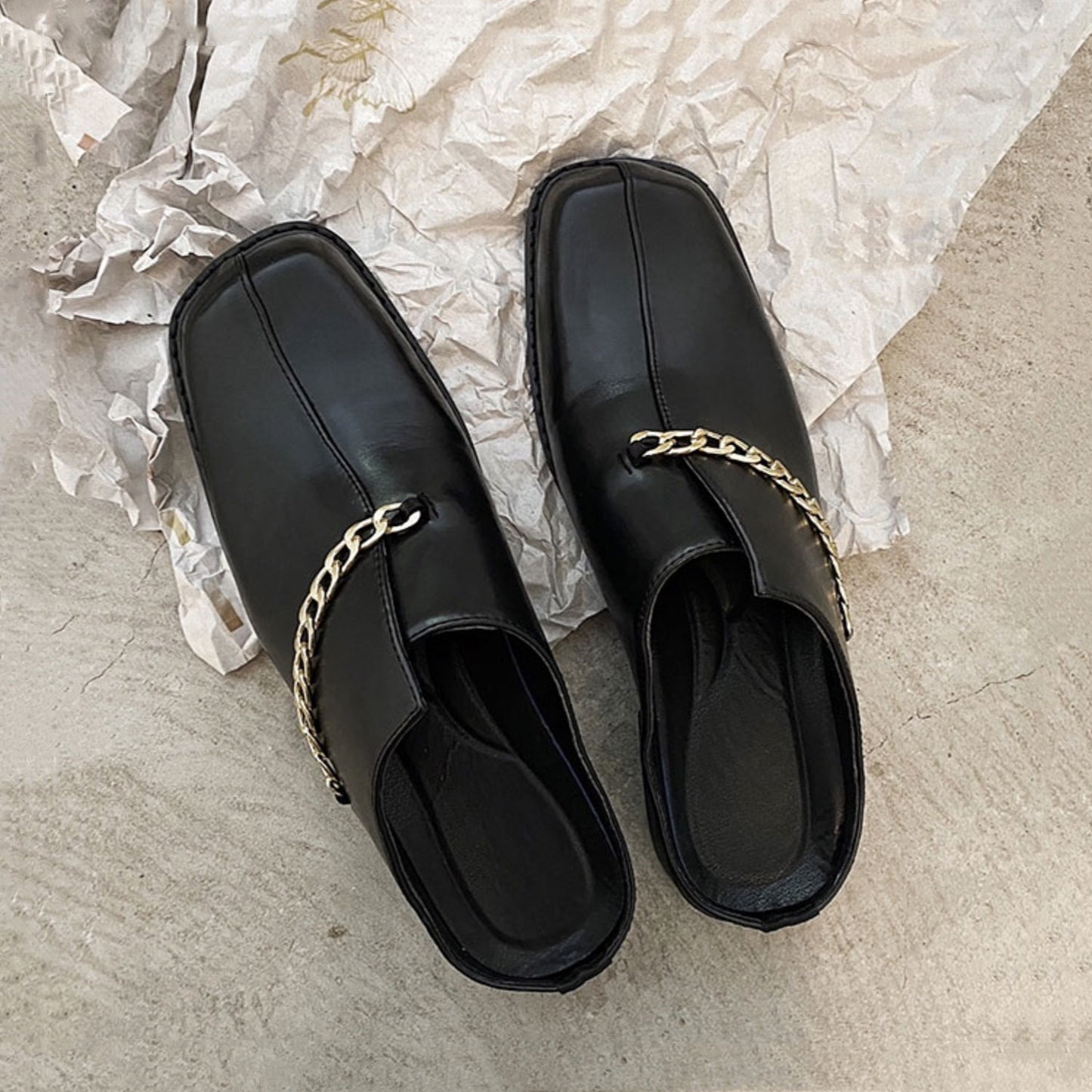 Summer square toe toe half slippers metal chain slip-on leather shoes