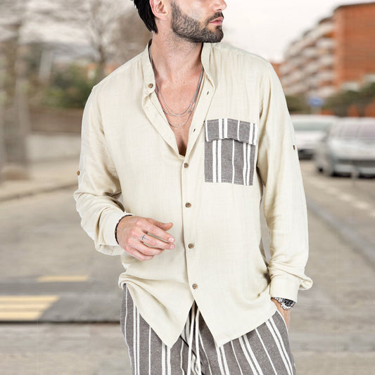 2022 new summer contrast color stitching lapel casual shirt for men