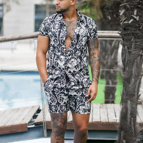 2022 spring and summer thin casual lapel short-sleeved shirt holiday shorts suit men's two-piece suit