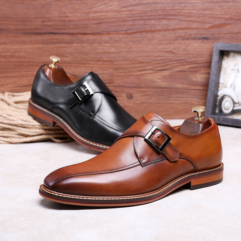 Leather Business Formal Square Toe Buckle Casual Monk Shoes