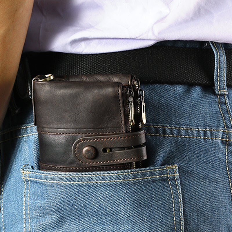 Multifunctional buckle zipper men's wallet RFID anti-theft brush leather men's bag