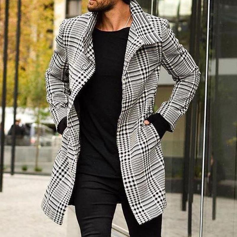 Stylish plaid lapel single-breasted midi coat