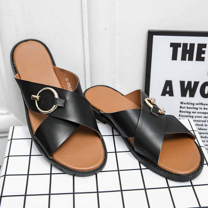 Black leather handmade non-slip sandals