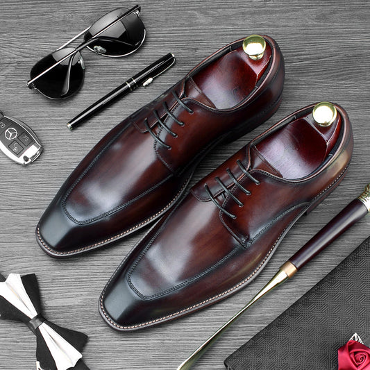 2022 new British square toe leather handmade business formal leather shoes