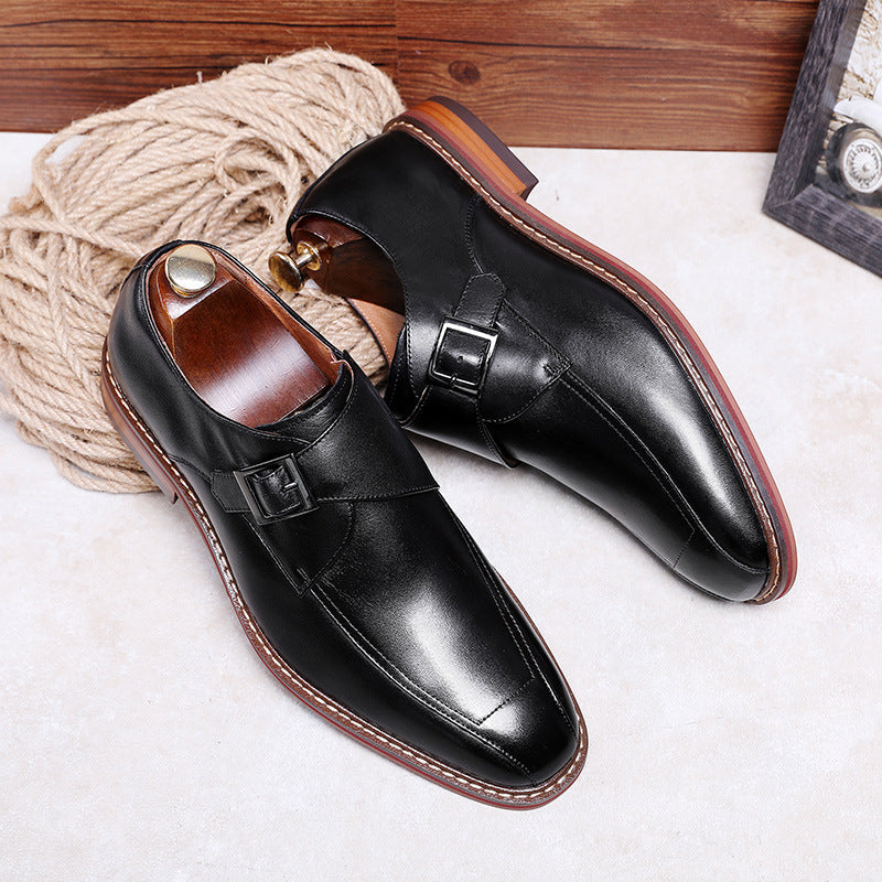 Leather Business Formal Square Toe Buckle Casual Monk Shoes