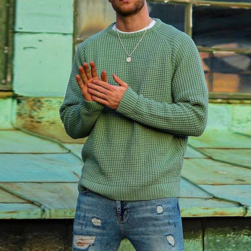 Crew Neck Casual Men's Knitted Green Sweater