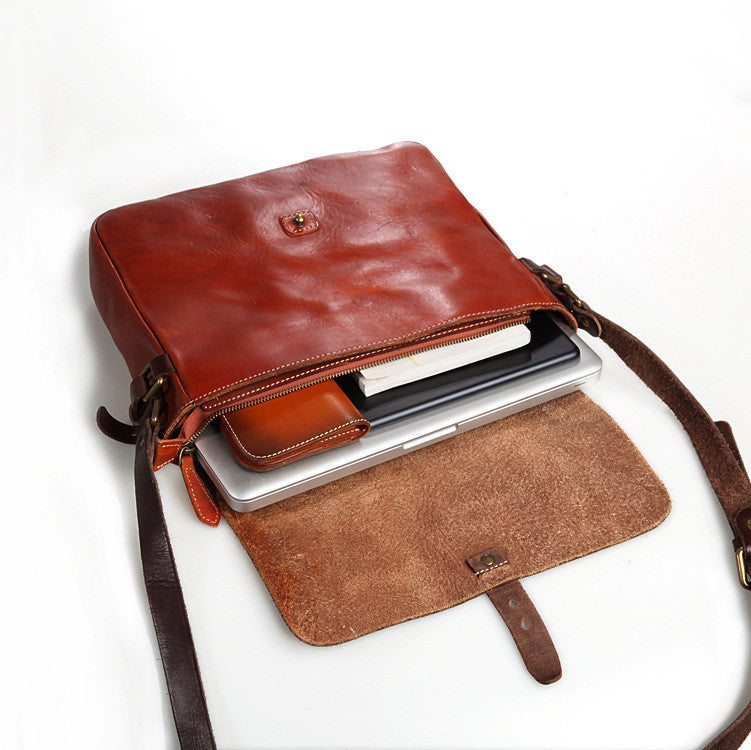 Vintage handmade first layer cowhide messenger bag vegetable tanned leather messenger bag crossbody computer bag