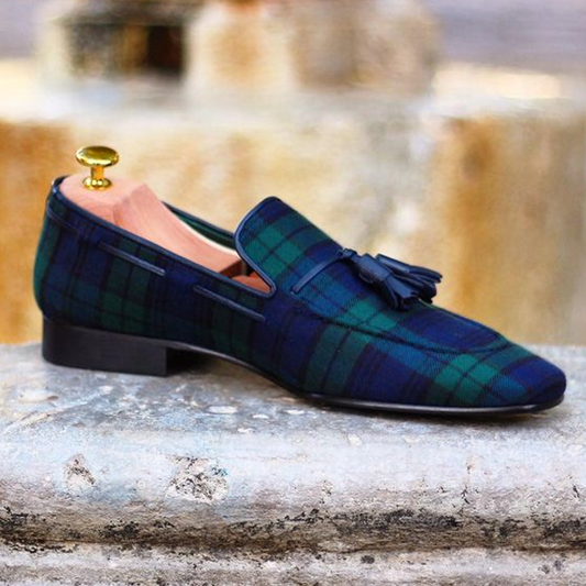 Blue and Green Check Pattern Tassel Slipon Loafers Shoes