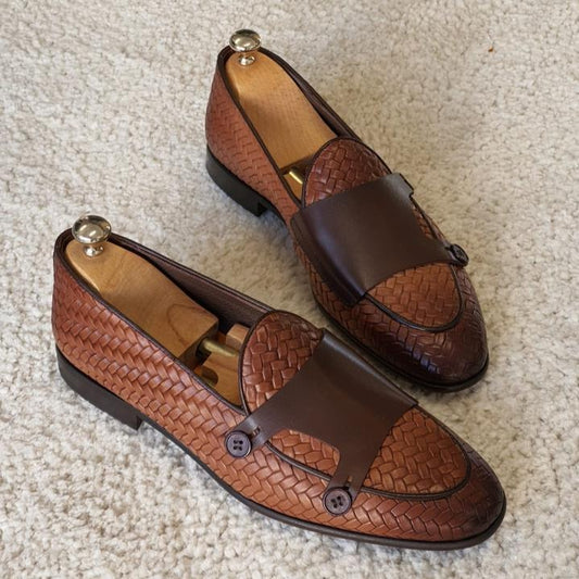 Bristol Tan Woven Leather Double Monk Strap Loafers Shoes