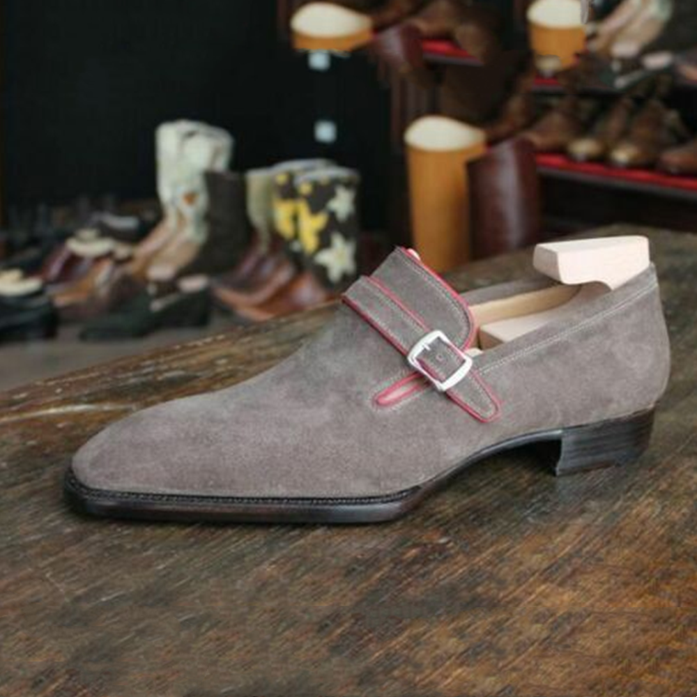 MEN'S LOW HEEL GREY SINGLE BUCKLE SLIP-ON WEDDING SHOES