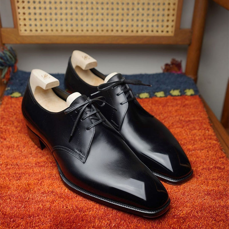 Black glossy handmade leather derby shoes