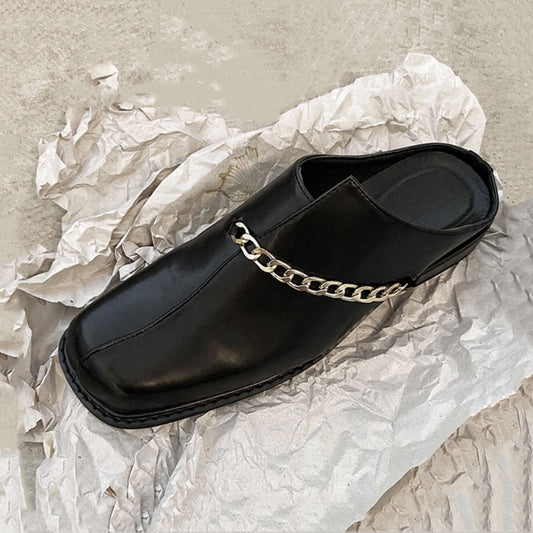Summer square toe toe half slippers metal chain slip-on leather shoes