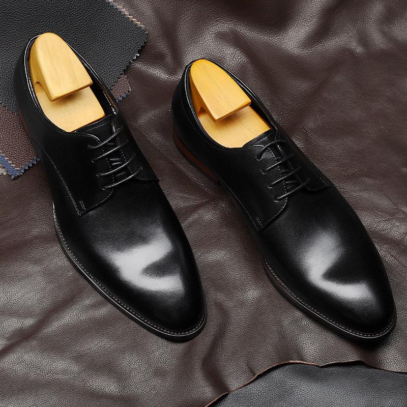 New men's British pointed toe lace-up cowhide business casual shoes