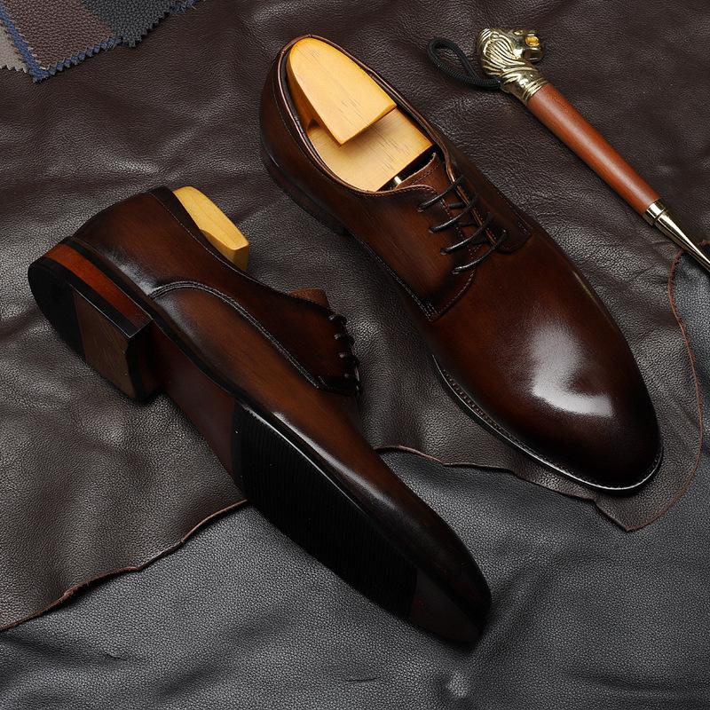 New men's British pointed toe lace-up cowhide business casual shoes