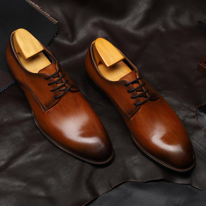 New men's British pointed toe lace-up cowhide business casual shoes