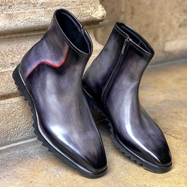 Men's grey shiny side zipper leather boots