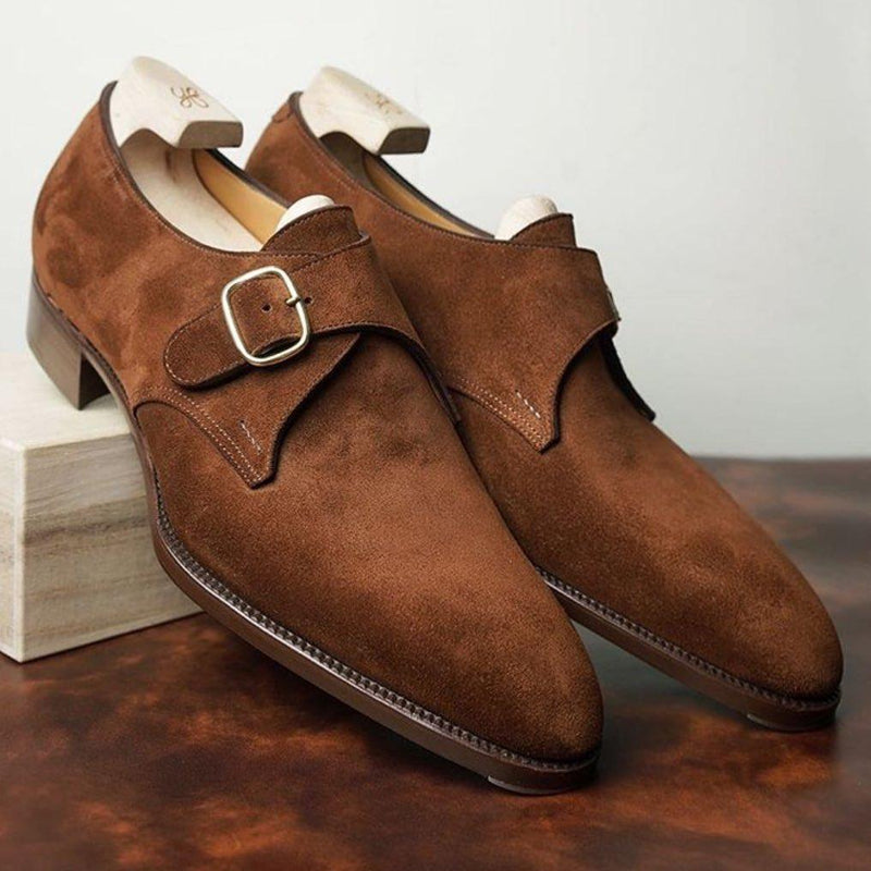 Handmade brown men's classic suede monk shoes