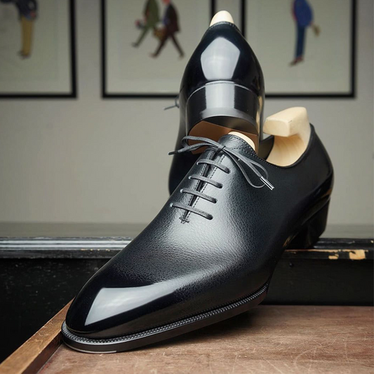 Men Patent Leather Black Pointed Toe Lace Up Shoes