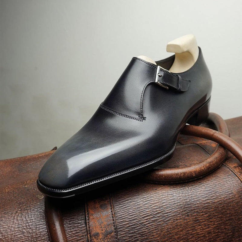 Black formal men's handmade classic monk shoes