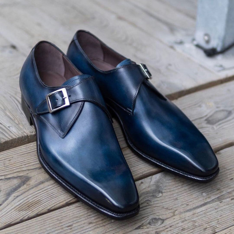 Premium ink blue classic handmade single buckle monk shoes