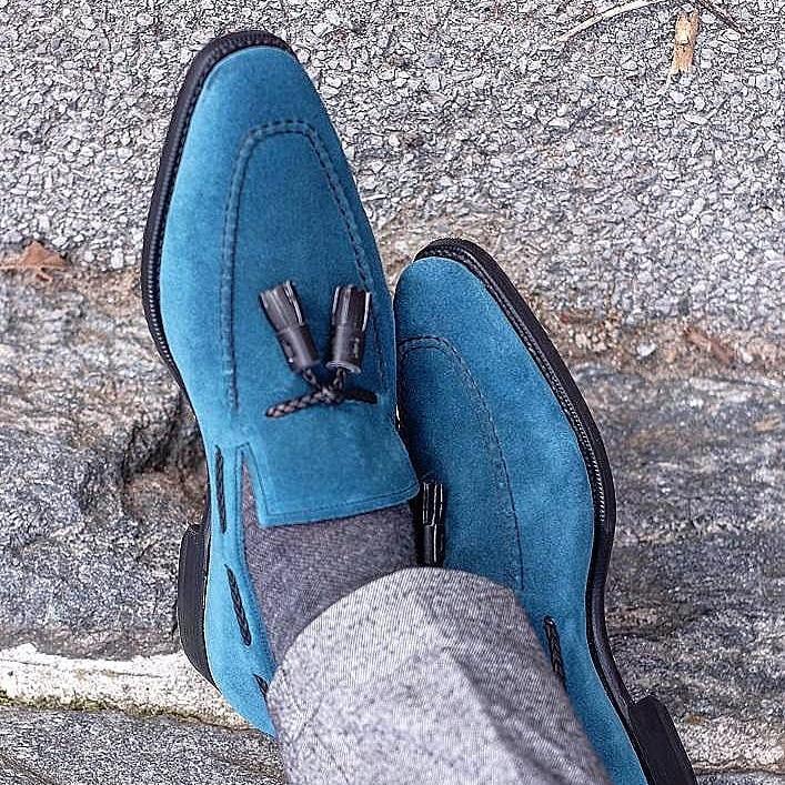 Men's blue suede fringed moccasins
