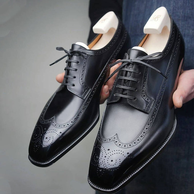 Black and blue brogue pattern derby men's leather shoes