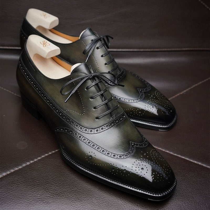 Dark green classic handmade brogue pattern men's oxford shoes