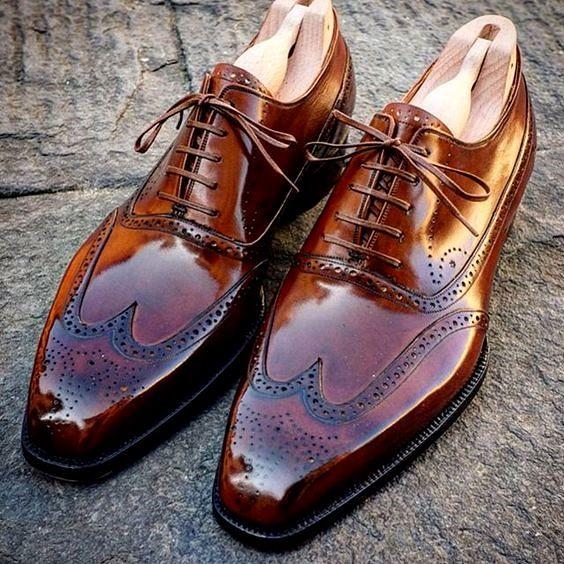 Men's handmade Wing Tip Brogue Brown Leather Shoes