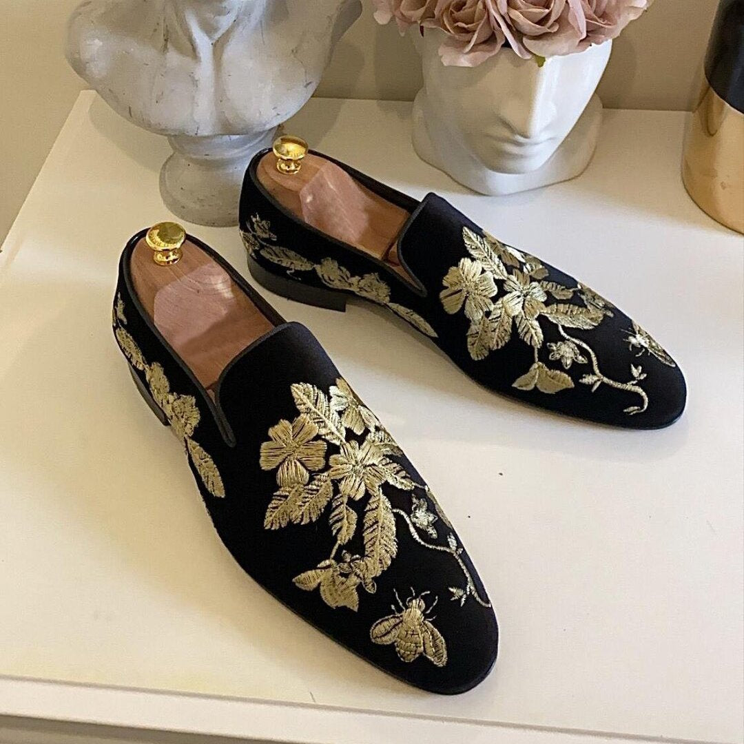 Golden Black Embroidery Men's Luxury Loafers Shoes