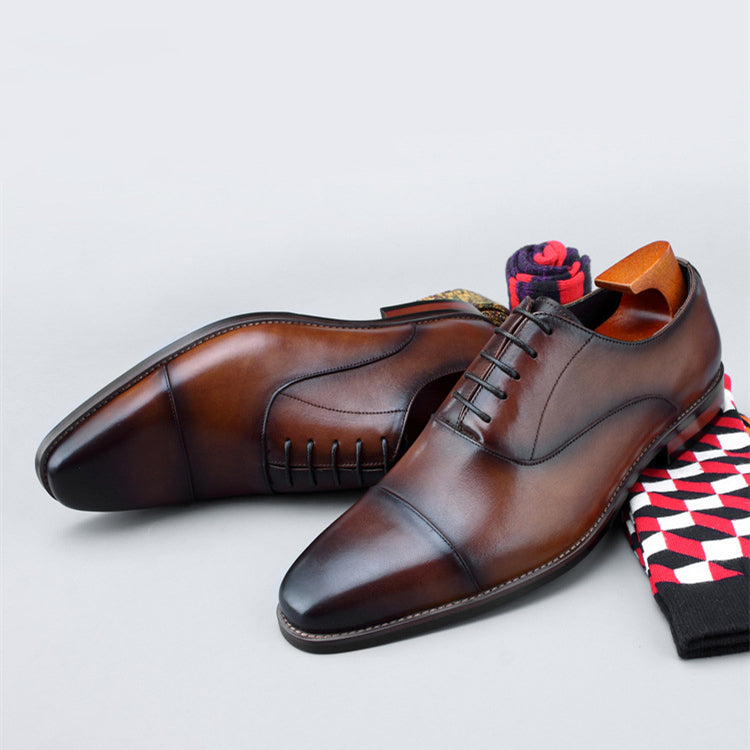 Square toe three-joint handmade British toe layer cowhide formal business shoes