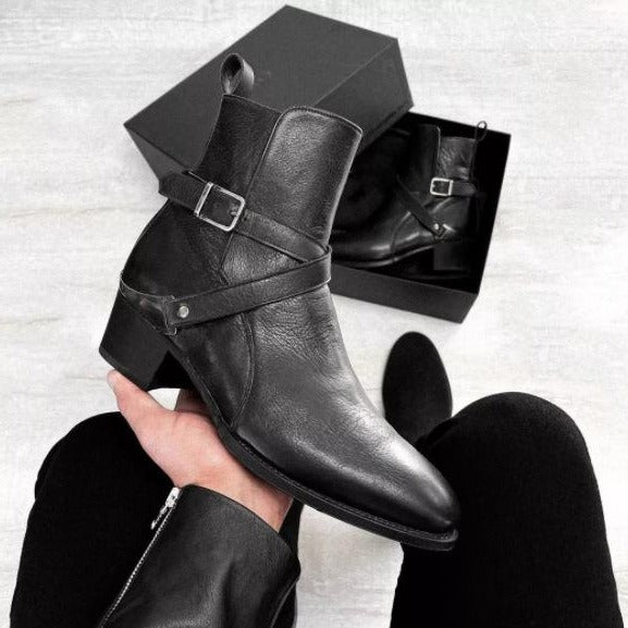 Black handmade classic single-ring buckle PU leather boots