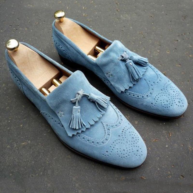 New Handmade Men’s Blue Suede Fringe Slip Ons Loafer Tassel Shoes