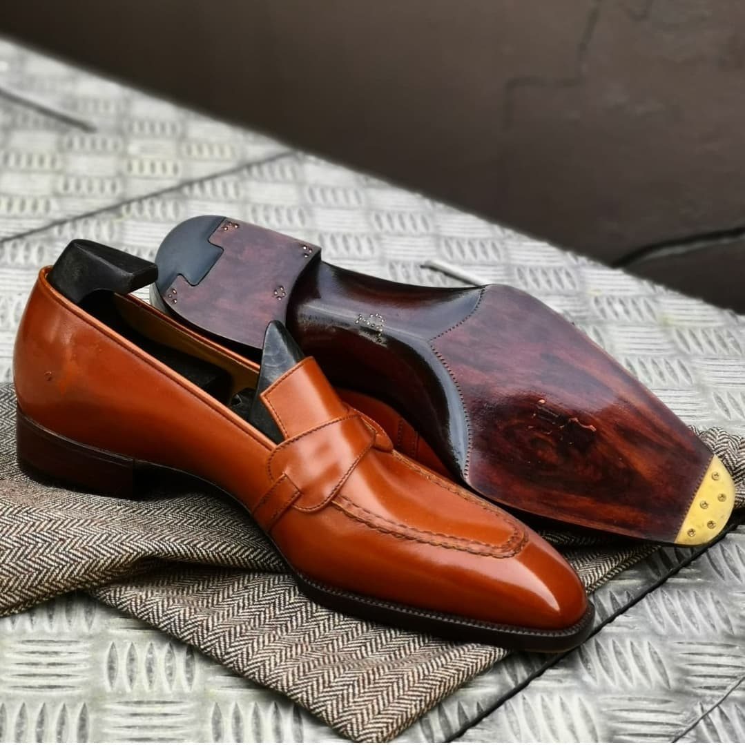 Orange Leather Slip-On Loafers