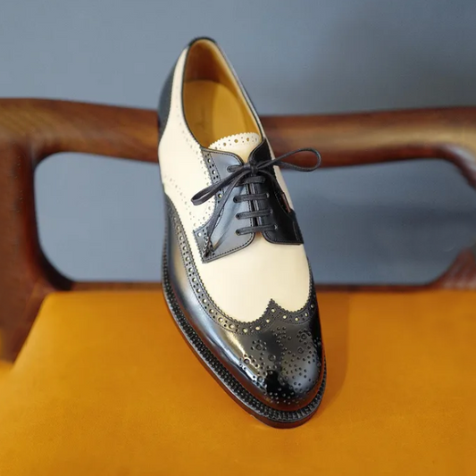 Classic Black&White Pointed Wing Block Premium Leather Oxford Shoes
