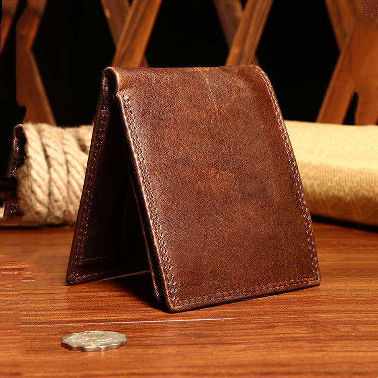 Men's Short Leather Wallet RFID Anti-magnetic Top Layer Leather Wallet