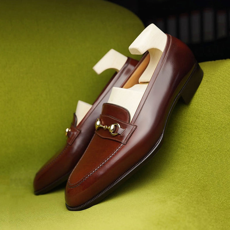 Brown Red Double Button Shiny Casual Loafers