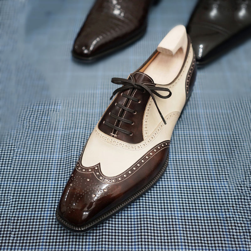Two-color color-block square-toe brogue lace-up handmade business leather shoes