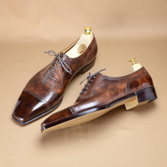 New men's smudged lace-up brown leather shoes