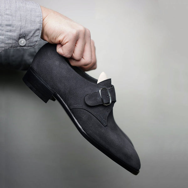 Black suede pointed toe buckle comfortable men's shoes