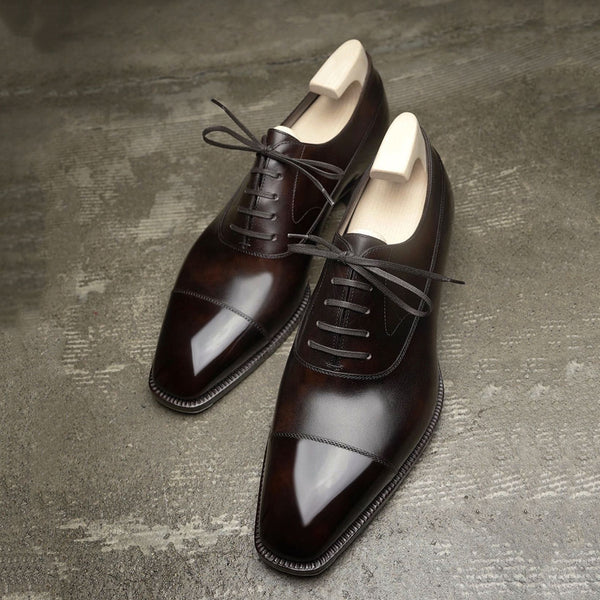 Red-brown square-toe glossy lace-up oxford Shoes