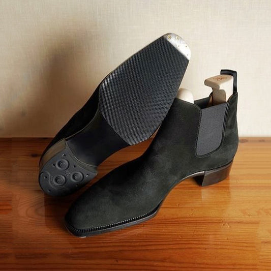 Black Suede Low Heel Pointed Toe Chelsea Boots