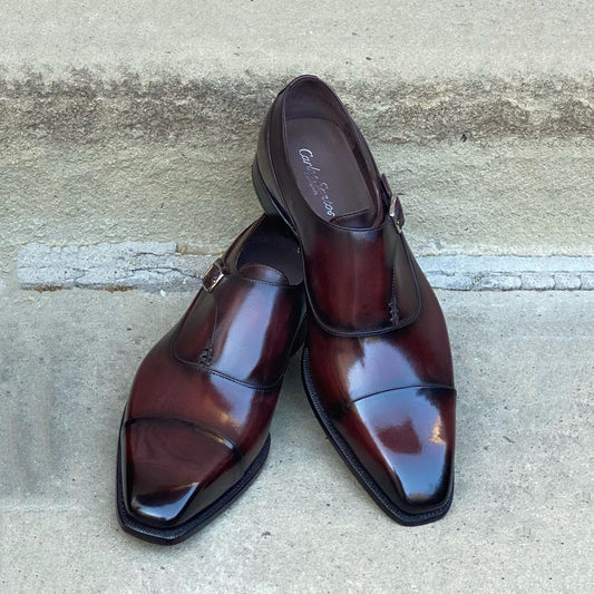 Red-brown square-toe single-button slip-on business shoes