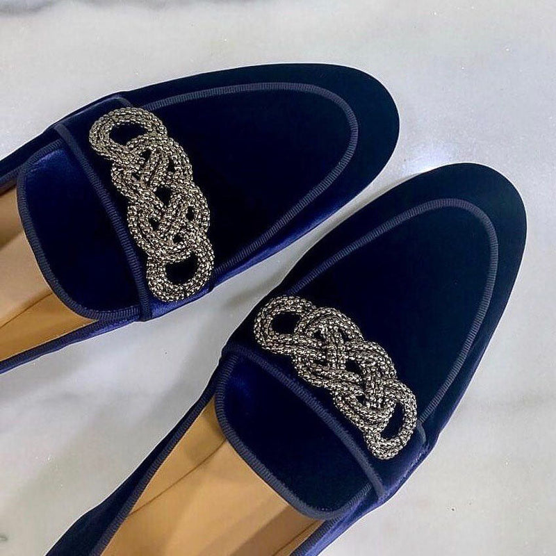 New blue suede fringed slip-ons