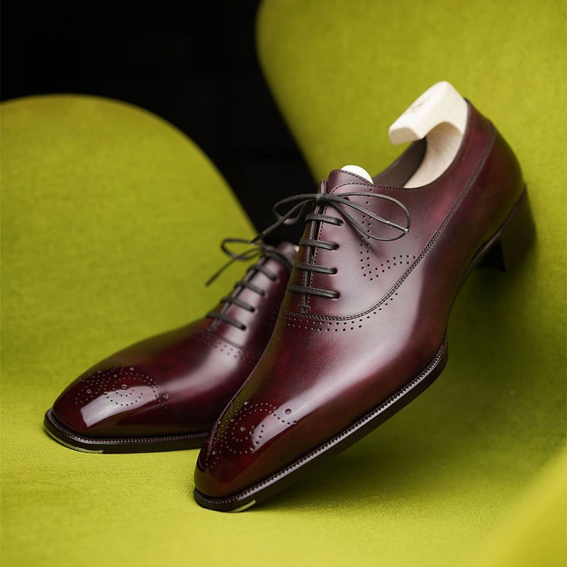 Brown red pointed toe brogue lace up gentleman handmade business shoes
