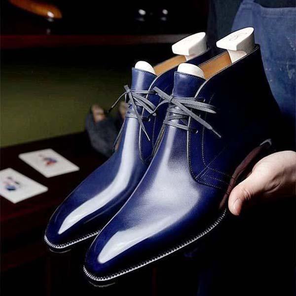 Handmade Men Blue Chukka Leather Boots