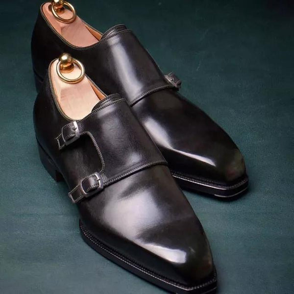 Black classic double buckle handmade men's monk leather shoes
