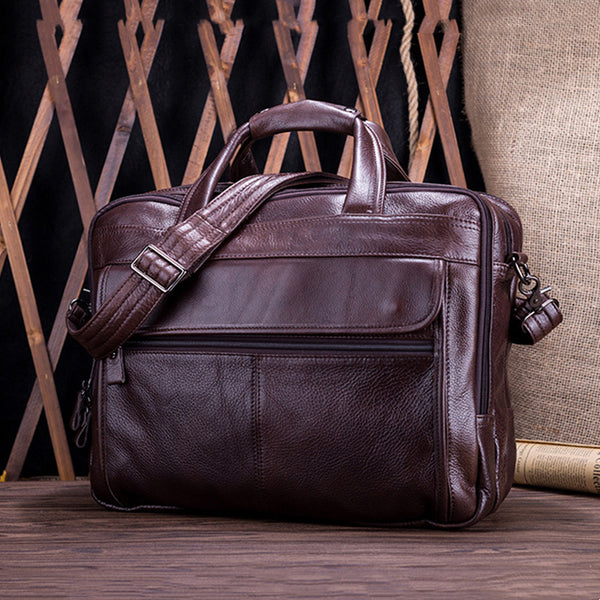 Business retro men's handbag briefcase 15.6 inch genuine leather computer bag