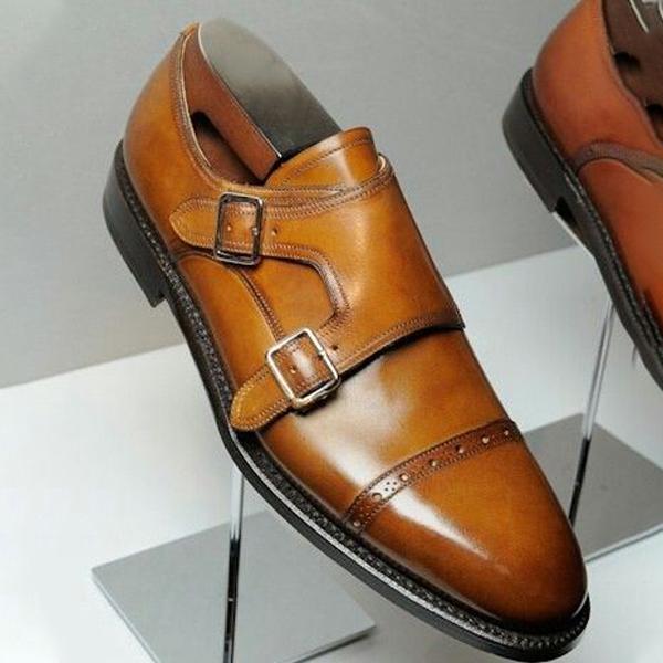 Brown-yellow handmade double buckle men's monk shoes