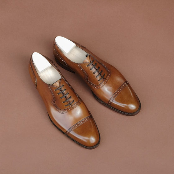 Fashion Brown Pointed Toe Brogue Handmade Oxford Shoes