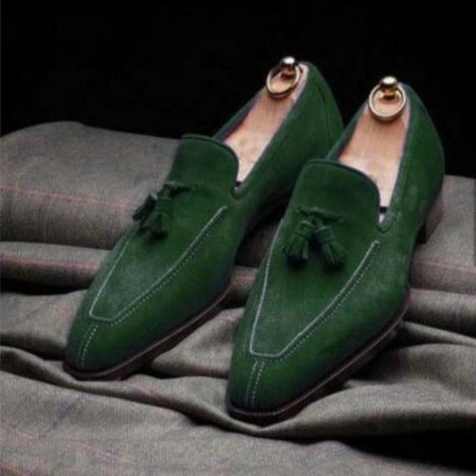 Handmade Men Green Suede Loafers Shoes_ Dress Moccasin Shoe